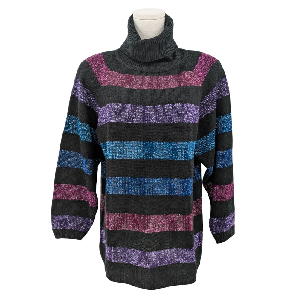 Vintage 80s Gladys Bagley Black Metallic Stripe Turtleneck Sweater‎ Glitter S/M